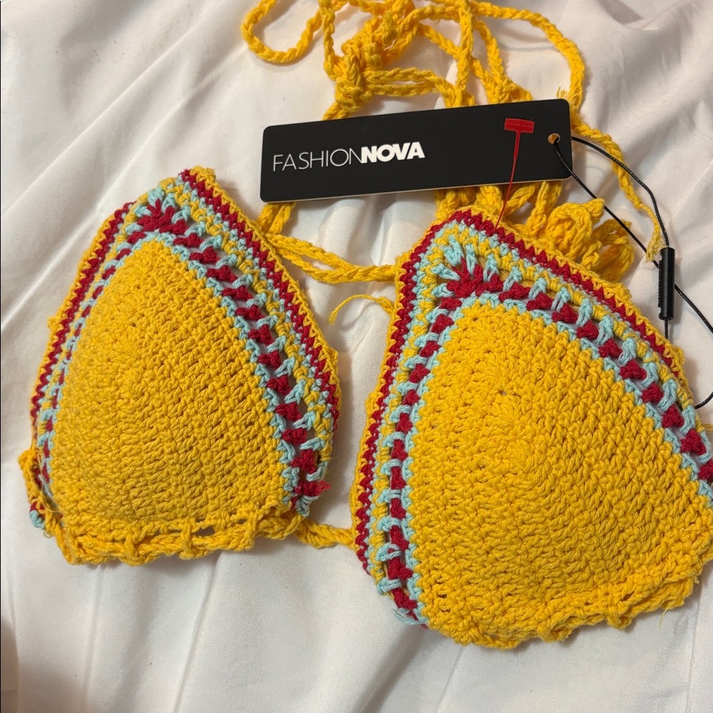 2/$10 Fashion Nova Swim Yellow Cotton Crochet Swimsuit Bikini Top NWT